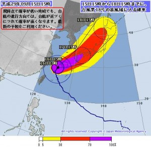 台風18号の暴風域に入る圏確率(2017.09.15 15時 JMA)